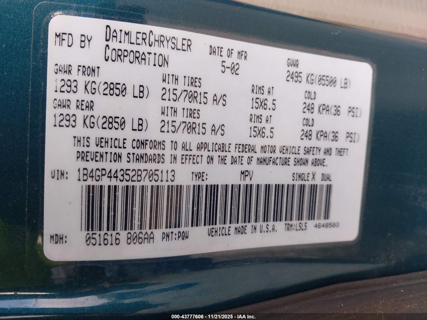 2002 Dodge Grand Caravan Sport VIN: 1B4GP44352B705113 Lot: 43777606