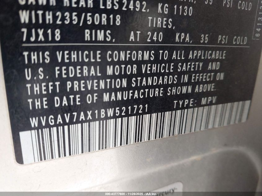 2011 Volkswagen Tiguan Se VIN: WVGAV7AX1BW521721 Lot: 43777608