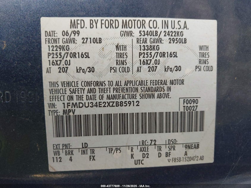 1FMDU34E2XZB85912 1999 FORD EXPLORER photo no. 9