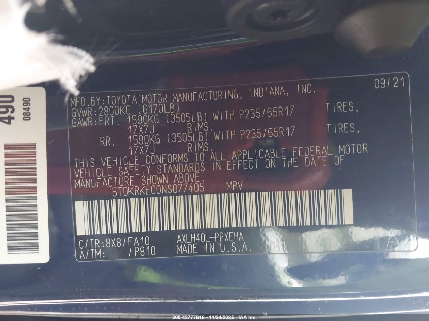 2022 Toyota Sienna Le VIN: 5TDKRKEC0NS077405 Lot: 43777616