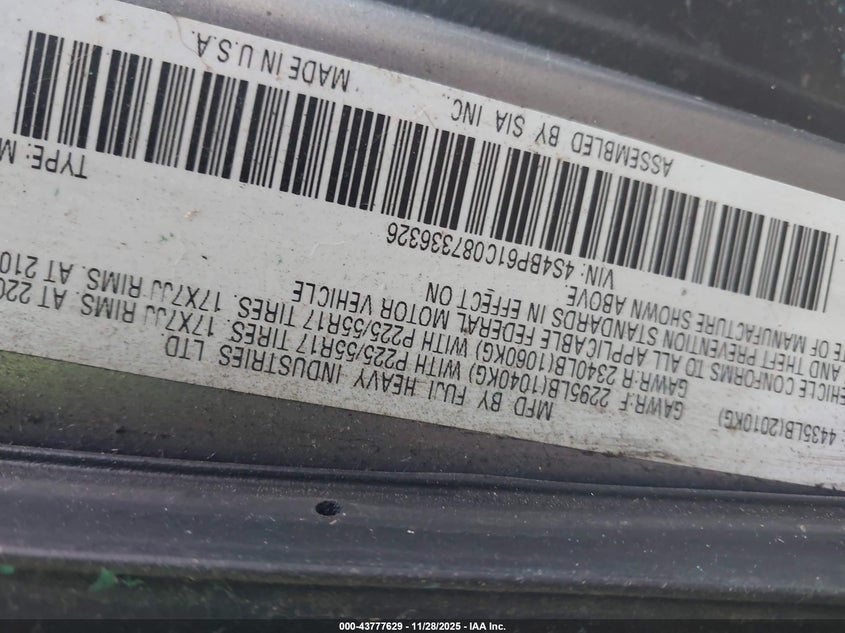 2008 Subaru Outback 2.5I/2.5I L.l. Bean Edition VIN: 4S4BP61C087336326 Lot: 43777629