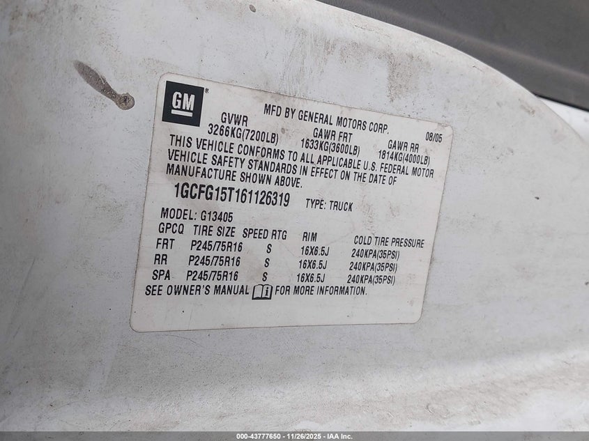 2006 Chevrolet Express Work Van VIN: 1GCFG15T161126319 Lot: 43777650