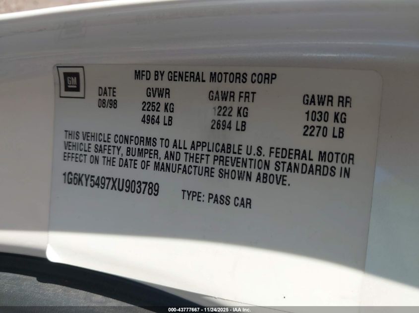 1999 Cadillac Seville Sts VIN: 1G6KY5497XU903789 Lot: 43777667