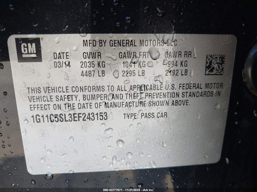 2014 Chevrolet Malibu 1Lt VIN: 1G11C5SL3EF243153 Lot: 43777671