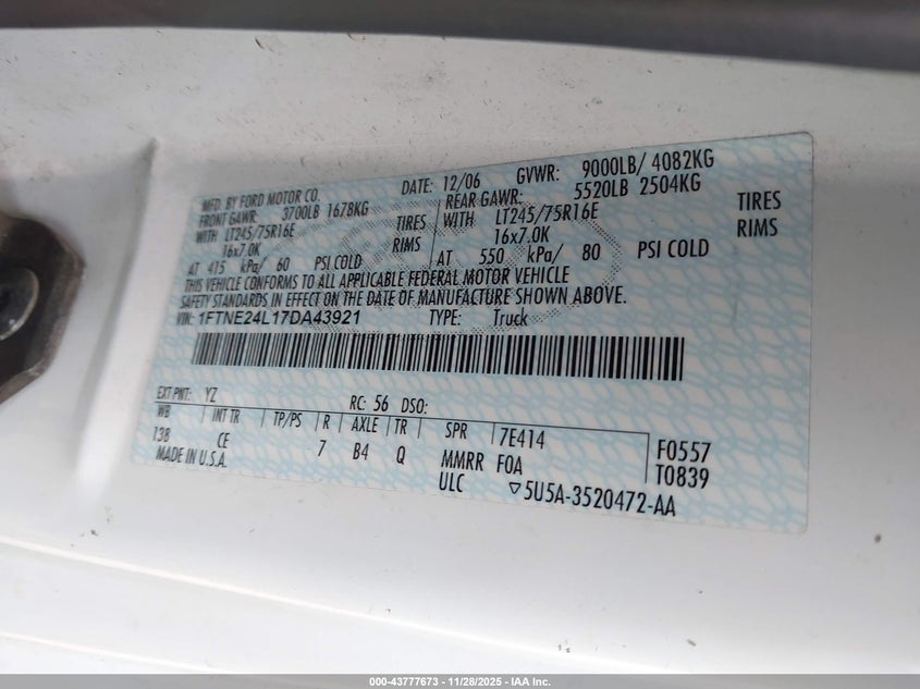 2007 Ford E-250 Commercial/Recreational VIN: 1FTNE24L17DA43921 Lot: 43777673