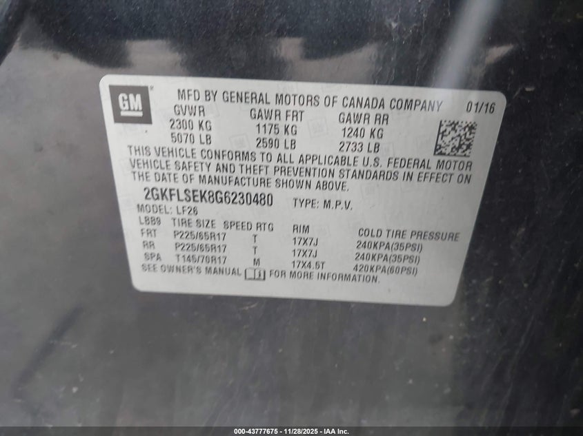 2016 GMC Terrain Sle-1 VIN: 2GKFLSEK8G6230480 Lot: 43777675