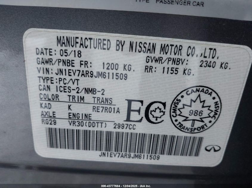 2018 Infiniti Q50 3.0T Luxe/3.0T Sport VIN: JN1EV7AR9JM611509 Lot: 43777684