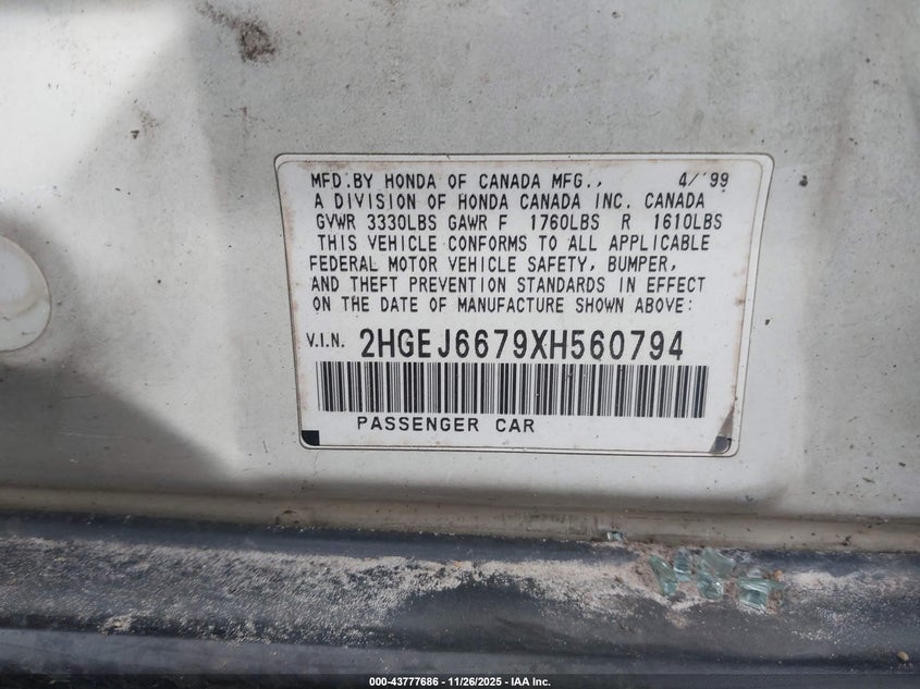 1999 Honda Civic Lx VIN: 2HGEJ6679XH560794 Lot: 43777686