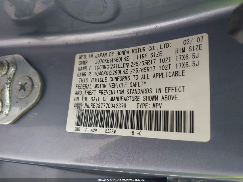 2007 Honda Cr-V Ex-L VIN: JHLRE38777C042379 Lot: 43777701