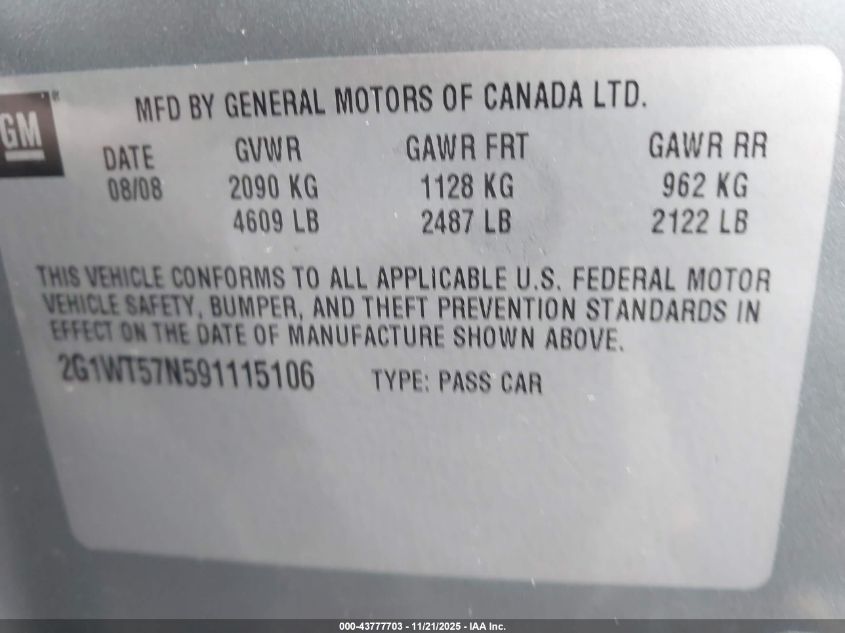 2009 Chevrolet Impala Lt VIN: 2G1WT57N591115106 Lot: 43777703