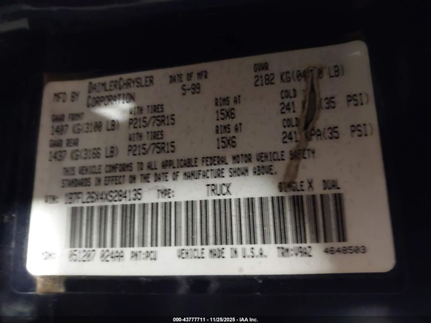 1999 Dodge Dakota Slt/Sport VIN: 1B7FL26X4XS284135 Lot: 43777711