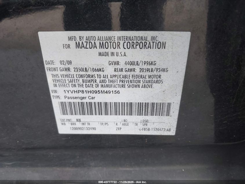 2009 Mazda Mazda6 I Sport VIN: 1YVHP81H095M49156 Lot: 43777722