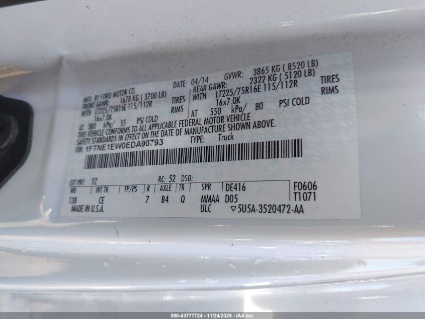 2014 Ford E-150 Commercial VIN: 1FTNE1EW0EDA90793 Lot: 43777724