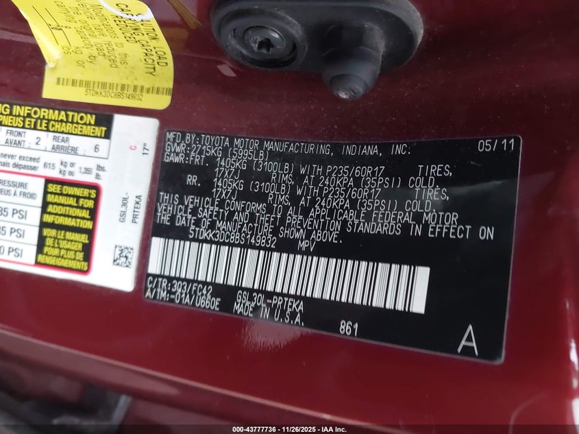 2011 Toyota Sienna Le V6 VIN: 5TDKK3DC8BS149832 Lot: 43777736