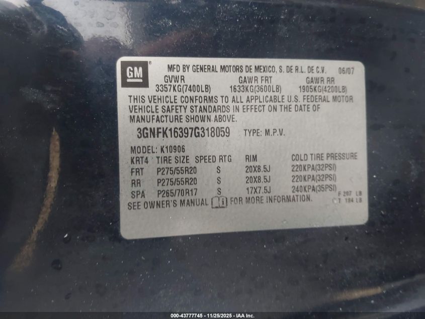 2007 Chevrolet Suburban 1500 Lt VIN: 3GNFK16397G318059 Lot: 43777745