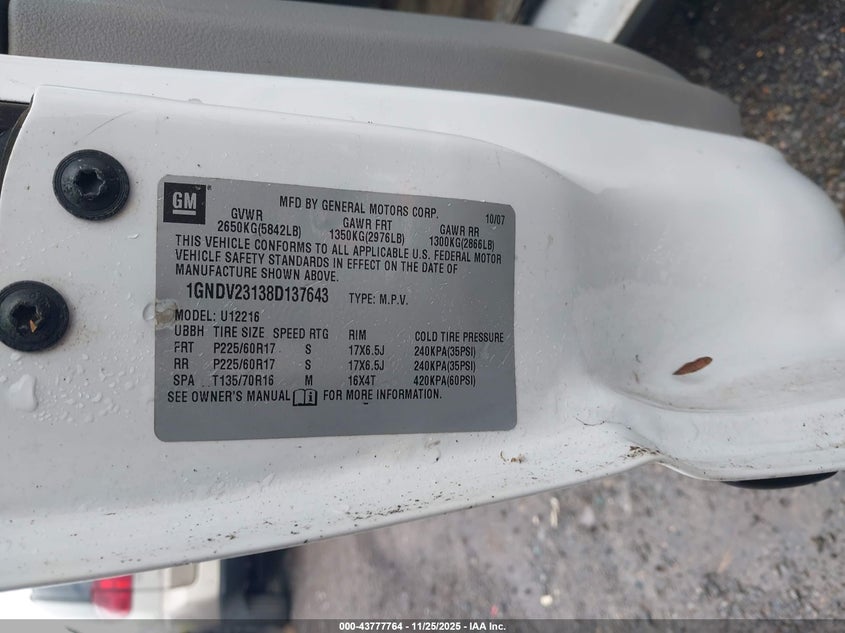 2008 Chevrolet Uplander Ls VIN: 1GNDV23138D137643 Lot: 43777764