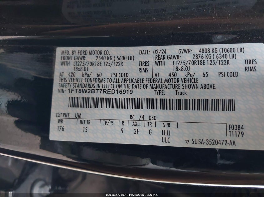 2024 Ford F-250 Xl VIN: 1FT8W2BT7RED16919 Lot: 43777767