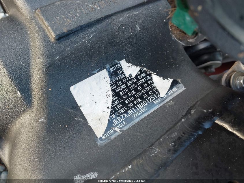 2022 Kawasaki Zx636 K VIN: JKBZXJH11NA012512 Lot: 43777780