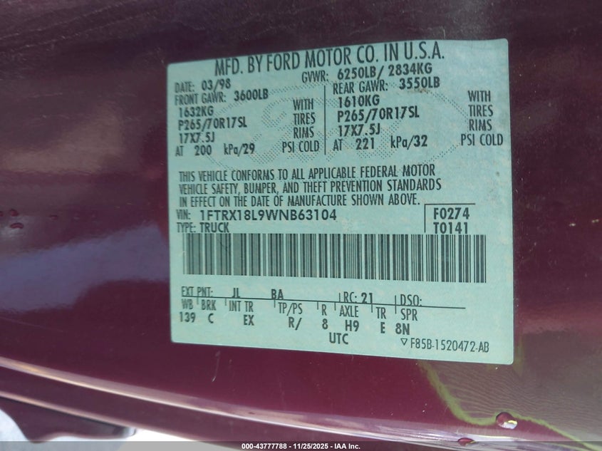 1998 Ford F-150 Lariat/Standard/Xl/Xlt VIN: 1FTRX18L9WNB63104 Lot: 43777788