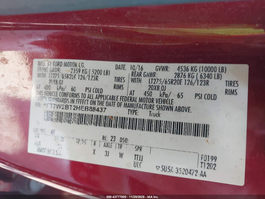 2017 Ford F-250 Lariat VIN: 1FT7W2BT2HEB88437 Lot: 43777800