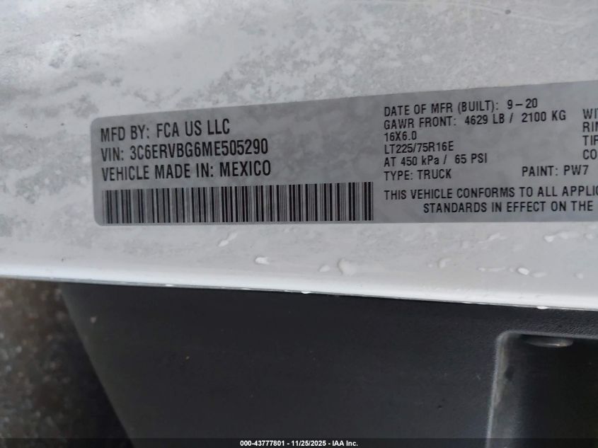 2021 Ram Promaster 1500 High Roof 136 Wb VIN: 3C6ERVBG6ME505290 Lot: 43777801