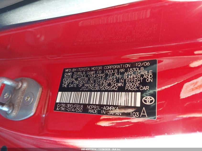 2007 Toyota Yaris VIN: JTDJT923875095542 Lot: 43777814