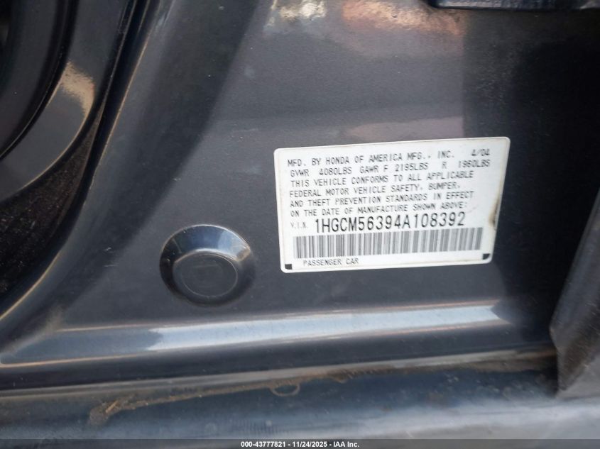 2004 Honda Accord 2.4 Lx VIN: 1HGCM56394A108392 Lot: 43777821