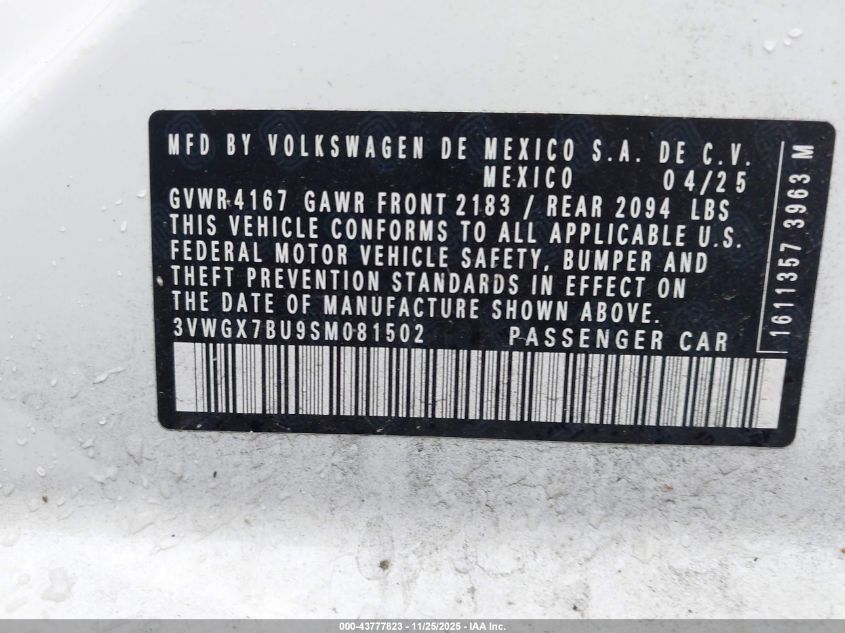 2025 Volkswagen Jetta 1.5T Sel VIN: 3VWGX7BU9SM081502 Lot: 43777823