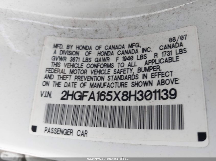 2008 Honda Civic Lx VIN: 2HGFA165X8H301139 Lot: 43777841
