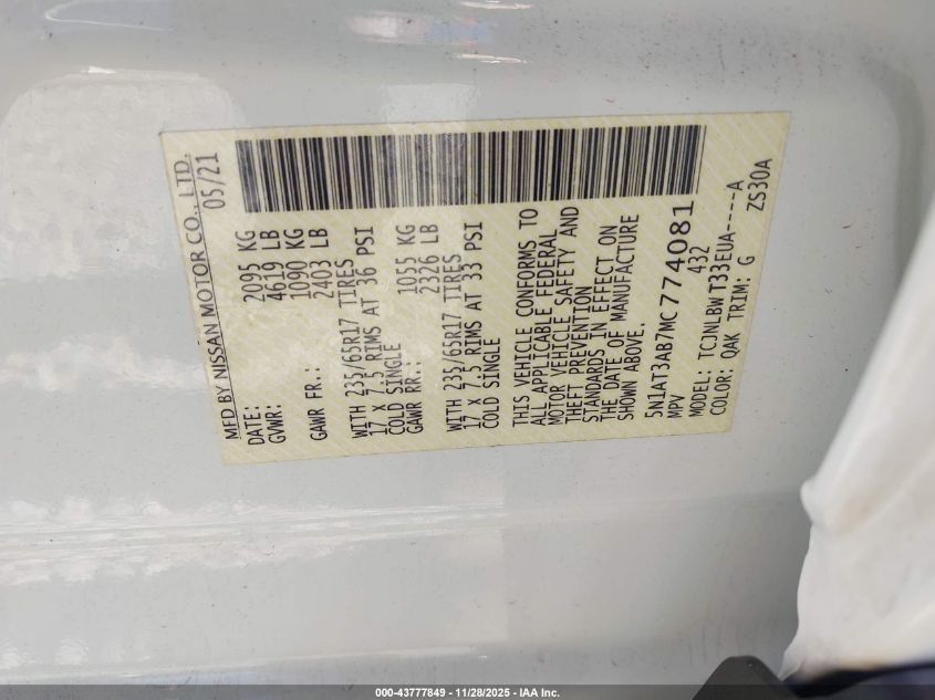 2021 Nissan Rogue S Intelligent Awd VIN: 5N1AT3AB7MC774081 Lot: 43777849