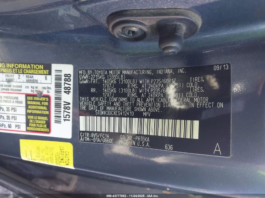 2014 Toyota Sienna Le V6 8 Passenger VIN: 5TDKK3DCXES412410 Lot: 43777852