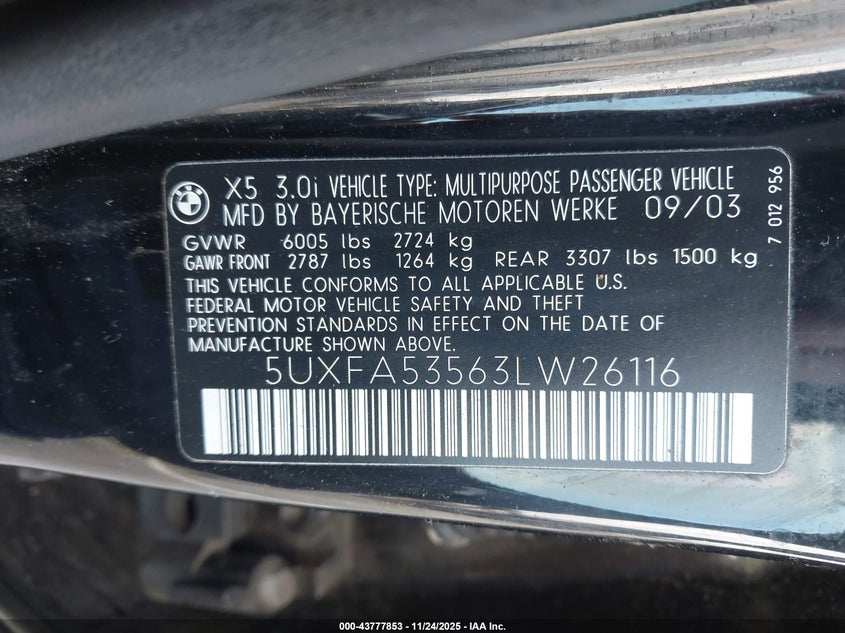 2003 BMW X5 3.0I VIN: 5UXFA53563LW26116 Lot: 43777853