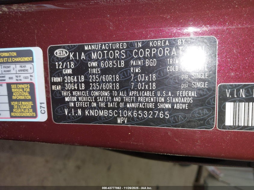 2019 Kia Sedona Ex VIN: KNDMB5C10K6532765 Lot: 43777862