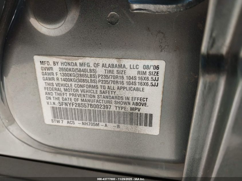 2007 Honda Pilot Ex-L VIN: 5FNYF28557B002397 Lot: 43777880