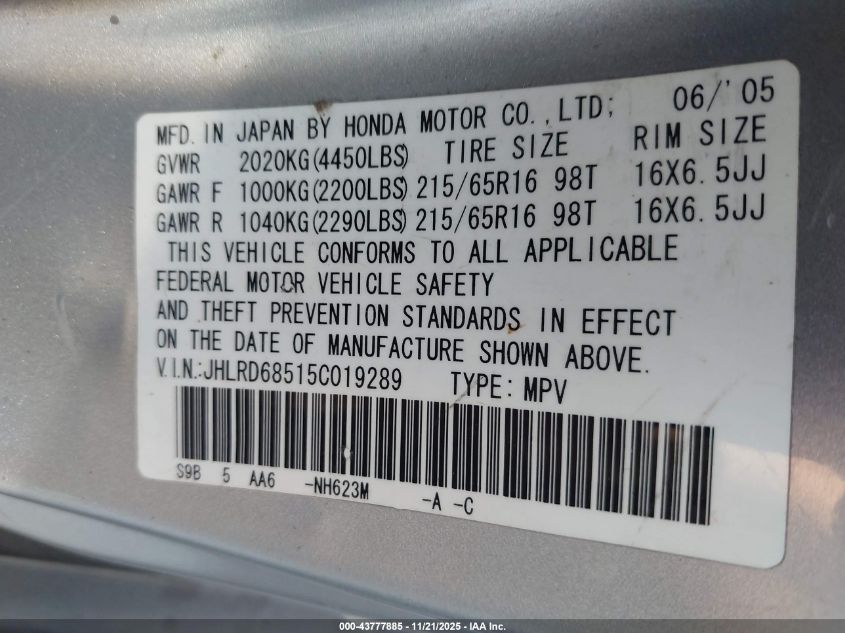2005 Honda Cr-V Lx VIN: JHLRD68515C019289 Lot: 43777885