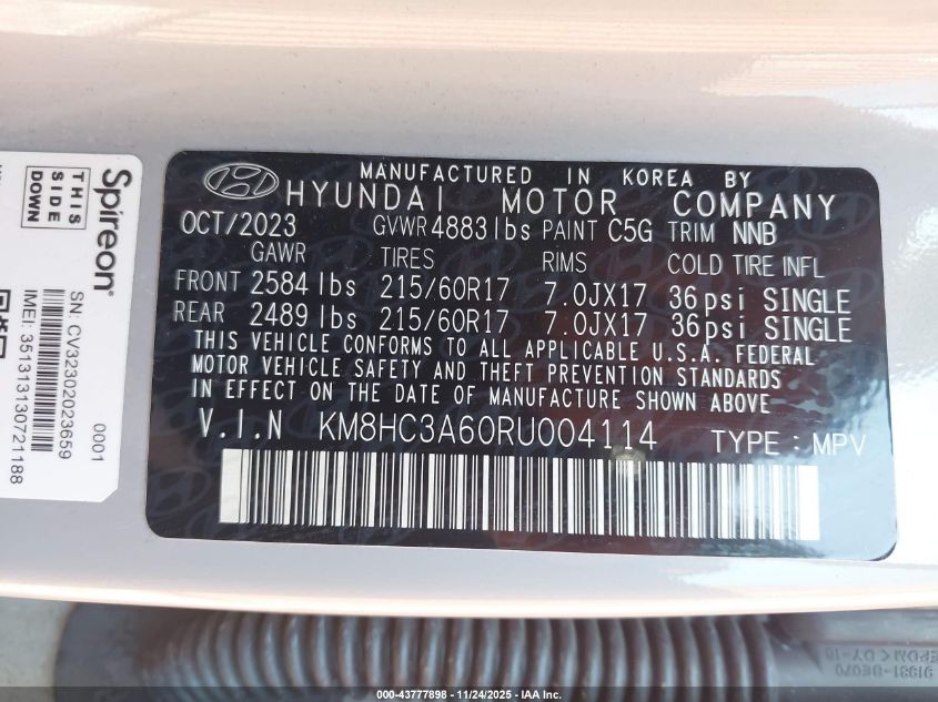 2024 Hyundai Kona Electric Sel VIN: KM8HC3A60RU004114 Lot: 43777898