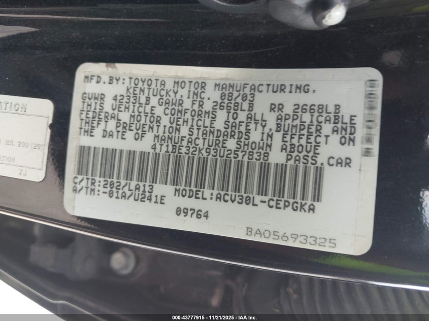 2003 Toyota Camry Xle VIN: 4T1BE32K93U257838 Lot: 43777915