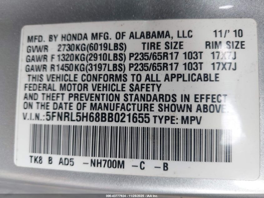 2011 Honda Odyssey Ex-L VIN: 5FNRL5H68BB021655 Lot: 43777924