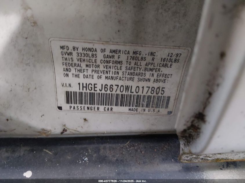 1998 Honda Civic Lx VIN: 1HGEJ6670WL017805 Lot: 43777926