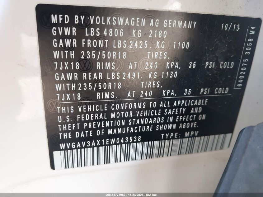 2014 Volkswagen Tiguan Se VIN: WVGAV3AX1EW043538 Lot: 43777960