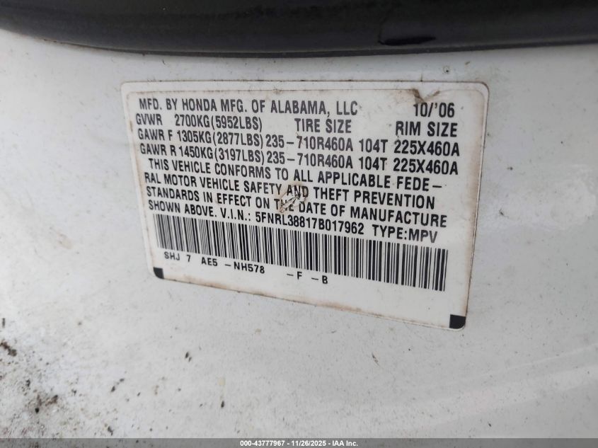 2007 Honda Odyssey Touring VIN: 5FNRL38817B017962 Lot: 43777967