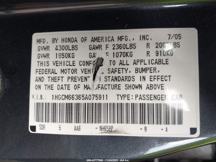 2005 Honda Accord 3.0 Lx VIN: 1HGCM66365A075911 Lot: 43777968