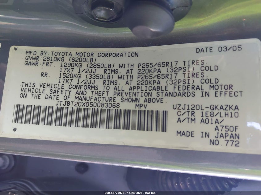 2005 Lexus Gx 470 VIN: JTJBT20X050083068 Lot: 43777976