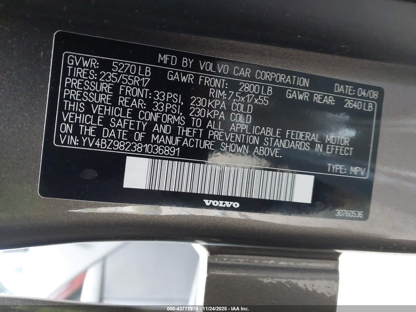 2008 Volvo Xc70 3.2 VIN: YV4BZ982381036891 Lot: 43777978