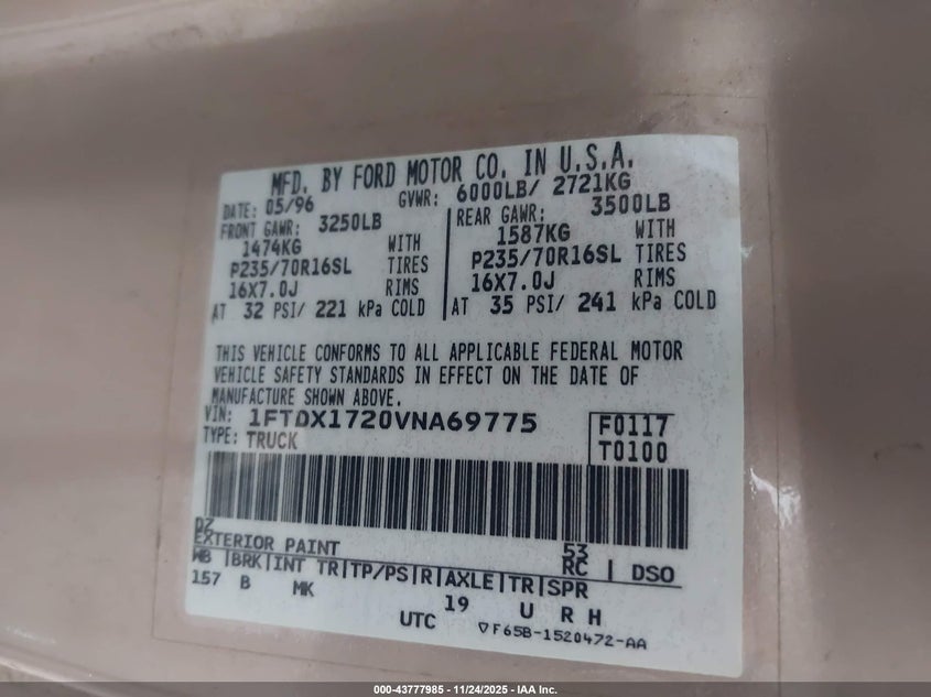 1997 Ford F-150 Standard/Xl/Xlt VIN: 1FTDX1720VNA69775 Lot: 43777985