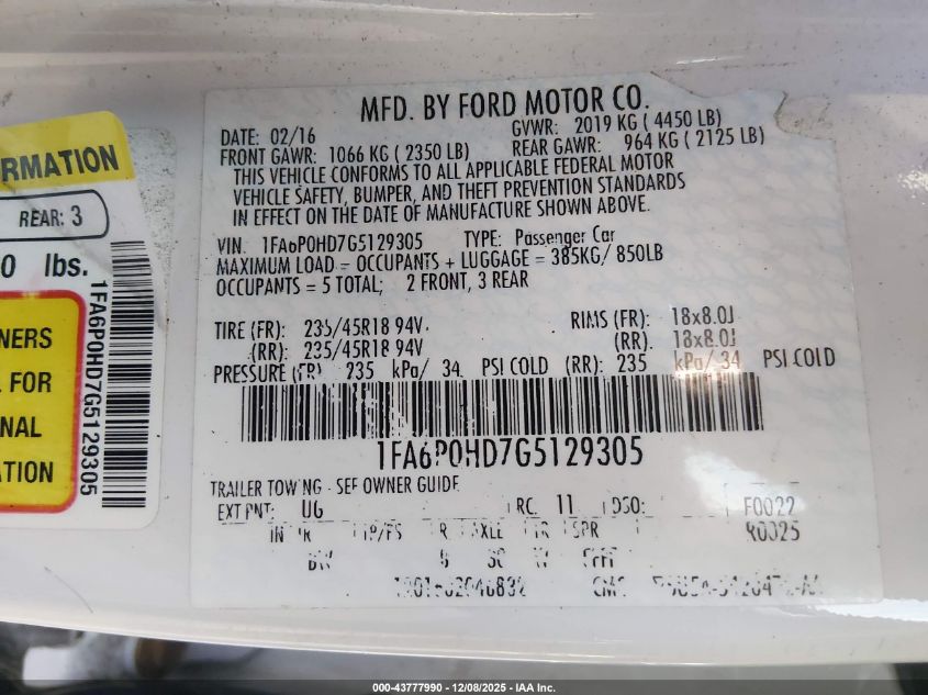 2016 Ford Fusion Se VIN: 1FA6P0HD7G5129305 Lot: 43777990