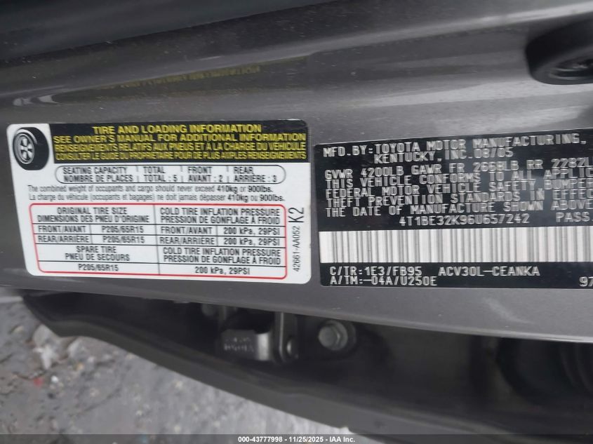 2006 Toyota Camry Le VIN: 4T1BE32K96U657242 Lot: 43777998