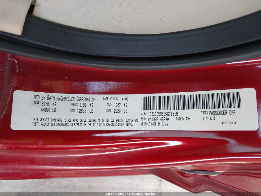 2008 Chrysler Sebring Limited VIN: 1C3LC65M58N611518 Lot: 43777999