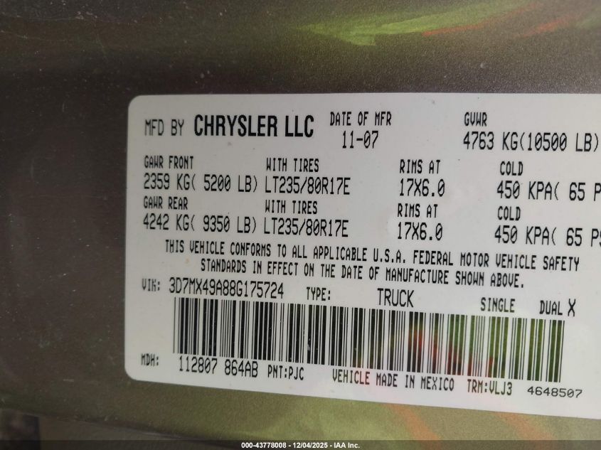 2008 Dodge Ram 3500 Laramie VIN: 3D7MX49A88G175724 Lot: 43778008