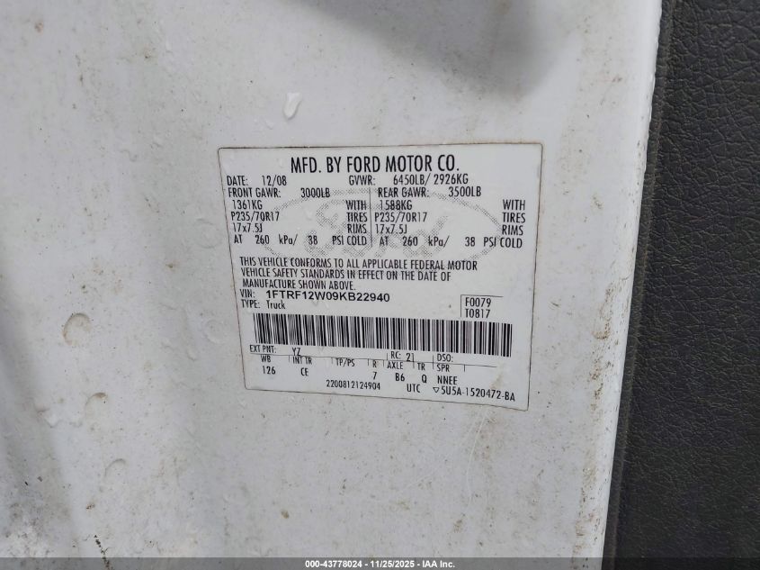 2009 Ford F-150 Stx/Xl/Xlt VIN: 1FTRF12W09KB22940 Lot: 43778024